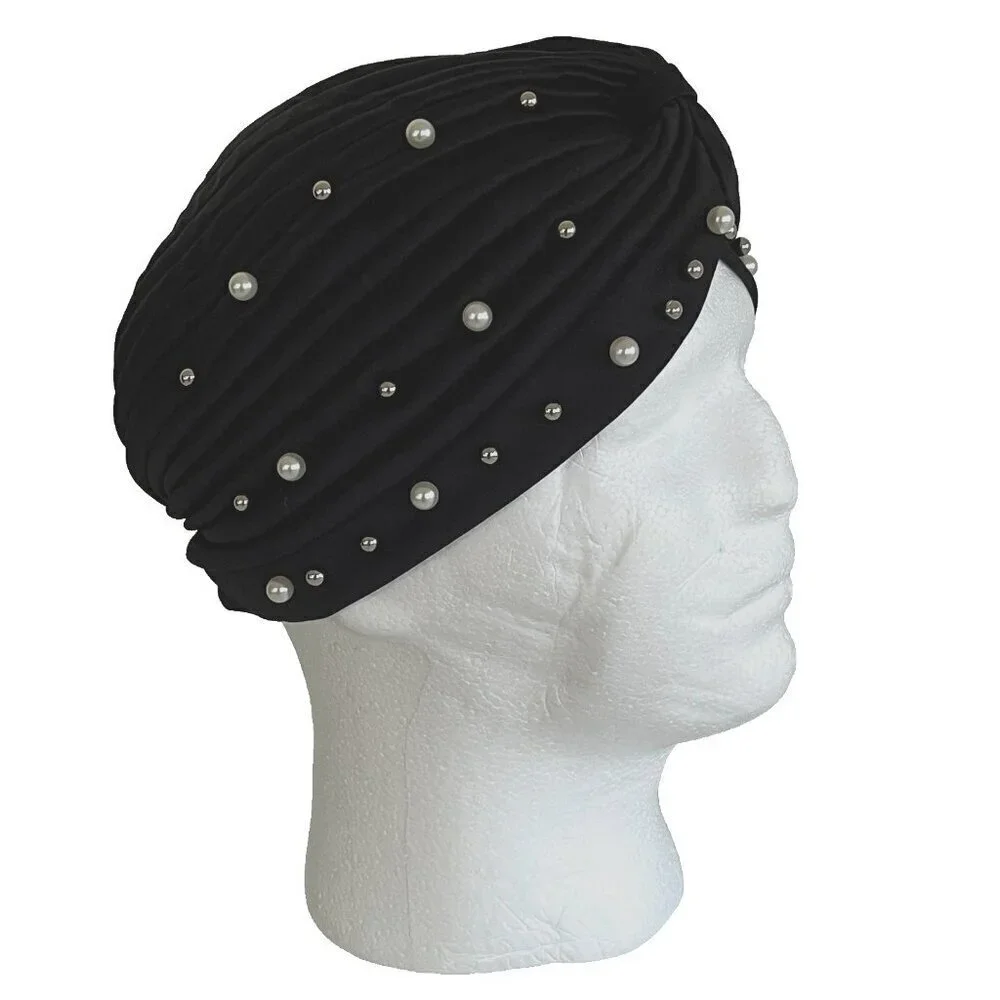 Turban Hat One Size Stretch Beaded Flapper 20's Costume Theater Church Black